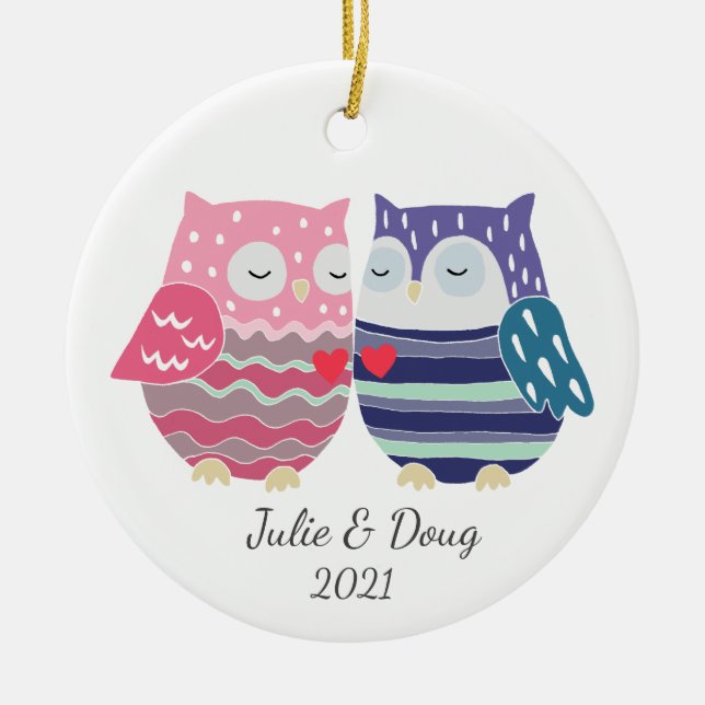 First Christmas Together Cute Owl Couple Custom Ceramic Tree Decoration (Front)