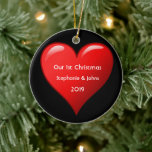 First Christmas Together Cute Red Heart 2019 Black Ceramic Tree Decoration<br><div class="desc">Personalised names and printed with cute red heart design in solid black background. The colour of the background can also be changed as you want. Feel free to customise by adding your own texts,  names or photos. You can add your photo on the back side of the ornament easily!</div>
