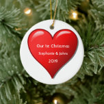 First Christmas Together Cute Red Heart 2019 Cool Ceramic Tree Decoration<br><div class="desc">Personalised names and printed with cute red heart design in solid white background. The colour of the background can also be changed as you want. Feel free to customise by adding your own texts,  names or photos. You can add your photo on the back side of the ornament easily!</div>