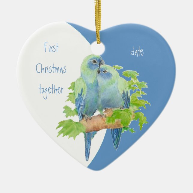 First Christmas Together Dated Cuddling Birds Ceramic Tree Decoration (Front)