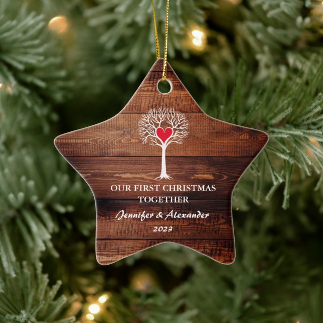 First Christmas together love tree rustic wood Ceramic Tree Decoration (Tree)