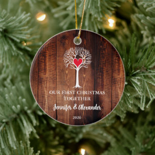 First Christmas together love tree wood photo Ceramic Tree Decoration