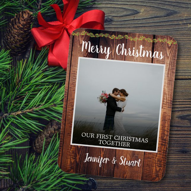 First Christmas together Merrry Christmas photo Magnet (Merry Christmas, family photo collage on rustic wood, magnetic card.)