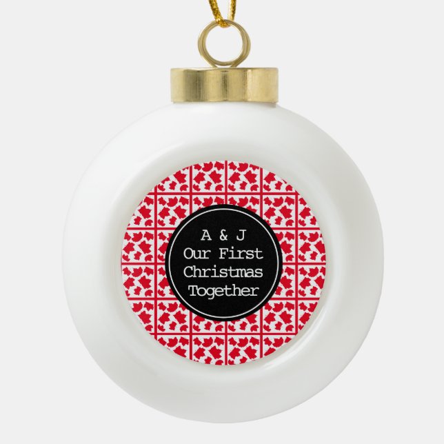 First Christmas Together Monogram Initials Red Ceramic Ball Christmas Ornament (Front)