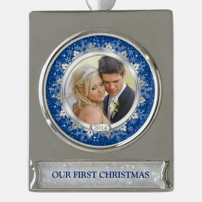 First Christmas Together Photo Blue Silver Plated Banner Ornament (Front)
