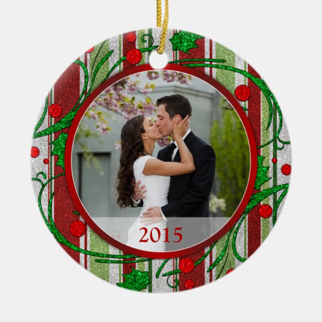 First Christmas Together Photo Candy Stripes Ceramic Tree Decoration (Front)