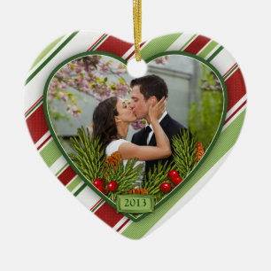 First Christmas Together Photo Candy Stripes Ceramic Tree Decoration