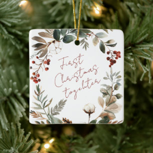First Christmas together photo elegant wreath Ceramic Ornament