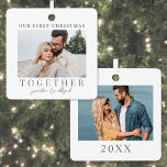 First Christmas Together Photo Keepsake Metal Tree Decoration<br><div class="desc">This square Christmas ornament is a simple and elegant way to celebrate your first holiday season together as a couple. It features a horizontal photo on each side, both framed with a clean white border around the edges for a polished look. On the front, "Our First Christmas Together" is written...</div>