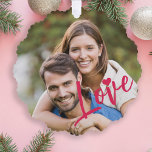 First Christmas together photo love script modern Tree Decoration Card<br><div class="desc">Upload your favourite photo (preferably square),  insert your text,  names,  and date,  and make these trendy modern pink Christmas tree ornament card a keepsake gift to remind you of your relationship,  engagement,  wedding,  or any other couple's anniversary!</div>