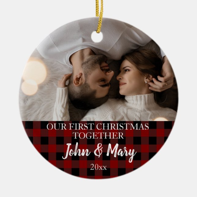 First Christmas together Photo red plaid Ceramic Tree Decoration (Front)