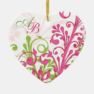 First Christmas Together Pink Green Wedding Heart Ceramic Tree Decoration