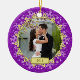 First Christmas Together Purple Snowflake Photo Ceramic Tree Decoration