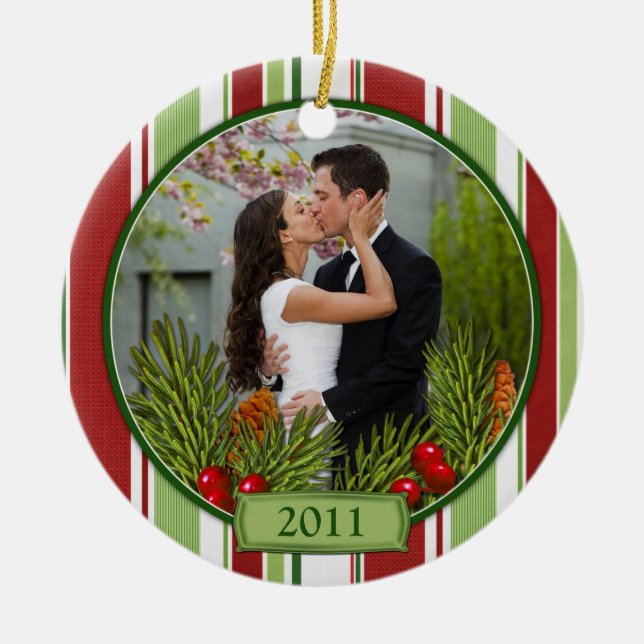 First Christmas Together Stripes Boughs Photo Ceramic Tree Decoration (Front)