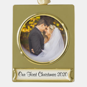 First Christmas Together Wedding Bride Groom Gold Plated Banner Ornament