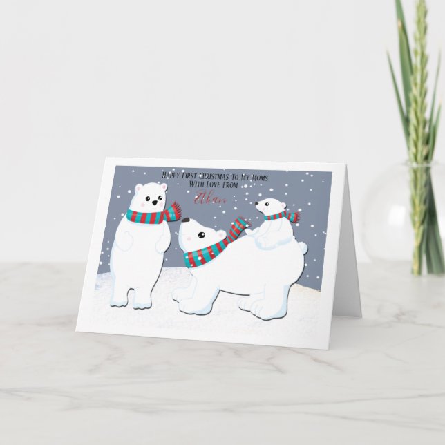 First Christmas Two Moms Gay Polar Bear Family Holiday Card (Front)