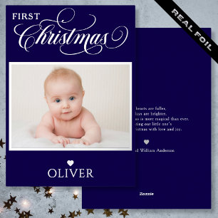 First Christmas Typography Photo Name Foil Blue Holiday Card