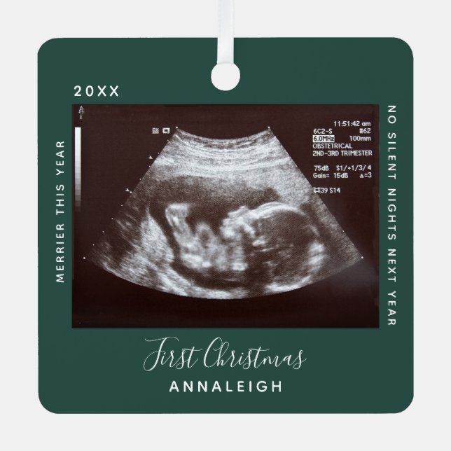 First Christmas Ultrasound Photo Merrier Holiday Metal Tree Decoration (Front)