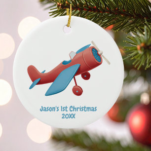 First Christmas Vintage Airplane Red Blu Pilot Boy Ceramic Tree Decoration