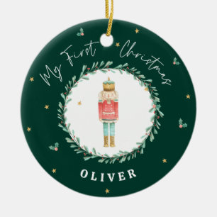 First Christmas watercolor nutcracker green Ceramic Tree Decoration