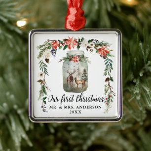 First Christmas Watercolor Winter Floral Deer Metal Tree Decoration
