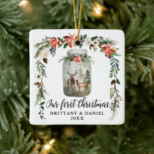 First Christmas Watercolor Winter Floral Deers Ceramic Ornament