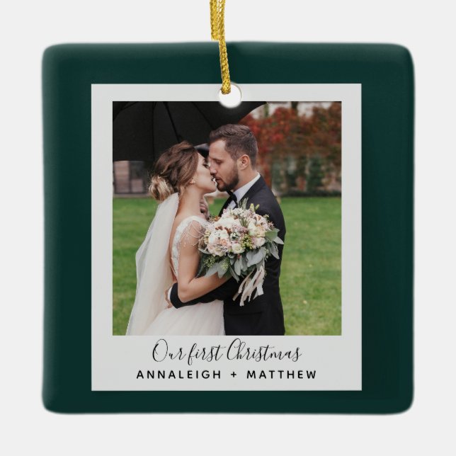 First Christmas Wedding Couple Holiday Photo Ceramic Ornament (Front)