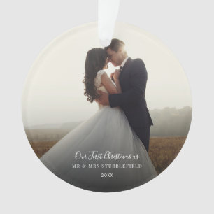 First Christmas Wedding Day Photo Hand-Lettered Ornament