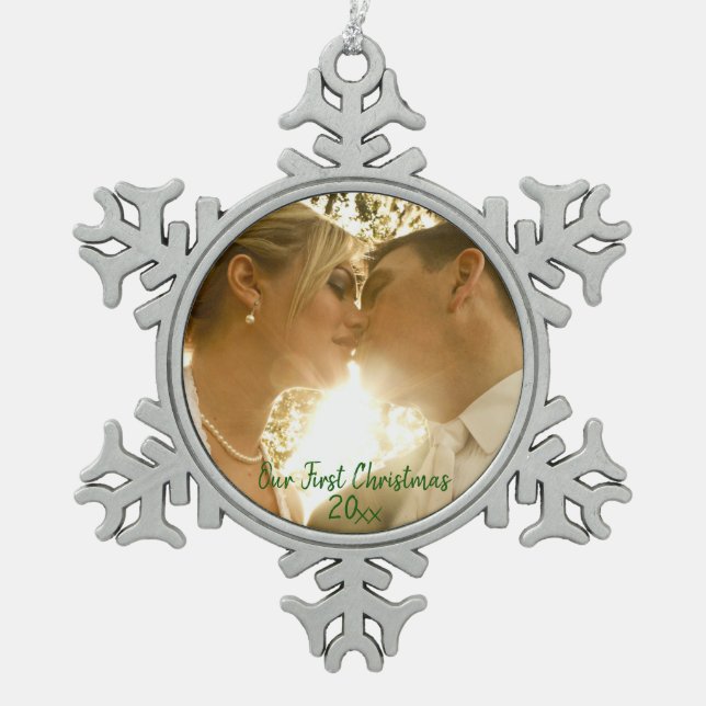 First Christmas Wedding Photo Snowflake Pewter Chr Ornament (Front)