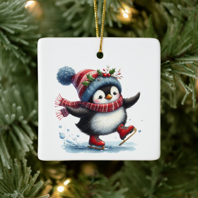First Christmas Whimsical Cute Penguin Customised Ceramic Ornament (Tree)