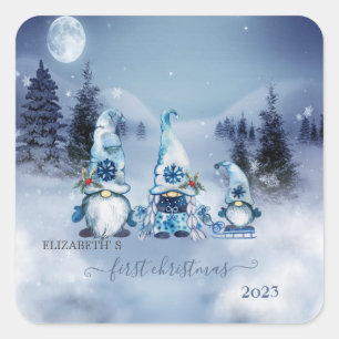 First Christmas,Winter Landscape,Blue Gnomes Square Sticker