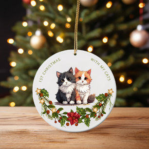 First Christmas with my Cats Floral watercolor  Ceramic Tree Decoration