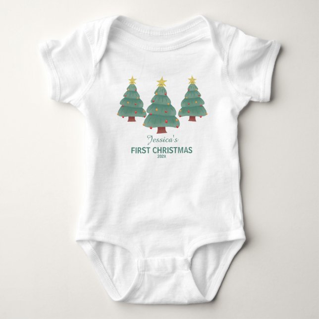 First Christmas with Three Decorated Trees Baby Bodysuit (Front)