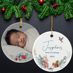 First Christmas Woodland Animal Baby Photo Ceramic Tree Decoration