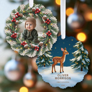 First Christmas Woodland Baby Deer Personalized Tree Decoration Card