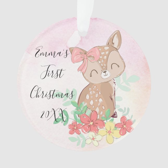 First Christmas Woodland Deer Floral Ornament (Front)