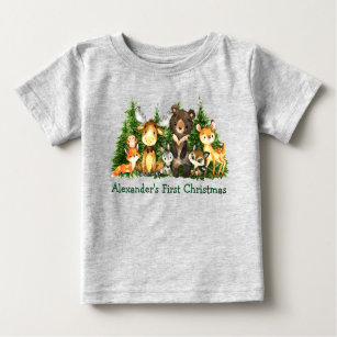 First Christmas Woodland Forest Animals Grey Baby T-Shirt