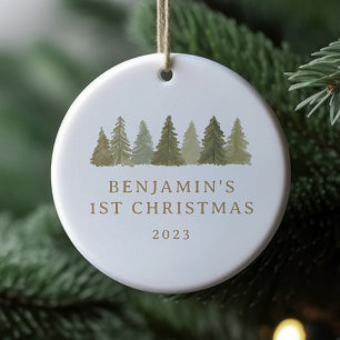 First Christmas Woodland Pine Trees Baby Stats Ceramic Tree Decoration