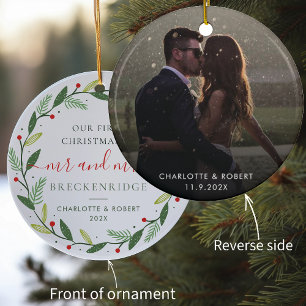 First Christmas Wreath Botanical Wedding Photo Ceramic Tree Decoration