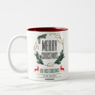 First Christmas Wreath holidays Script Family Two-Tone Coffee Mug