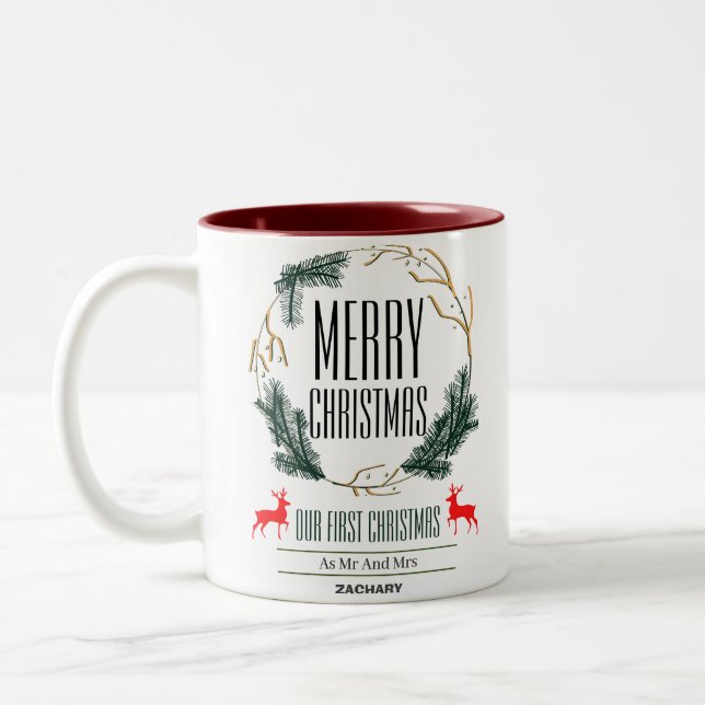 First Christmas Wreath holidays Script Family   Two-Tone Coffee Mug (Left)