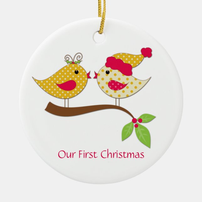 First Christmas Yellow Polka Dot Love Birds Ceramic Tree Decoration (Front)