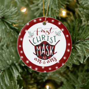 First ChristMASK as Mr and Mrs Buffalo Check Photo Ceramic Tree Decoration
