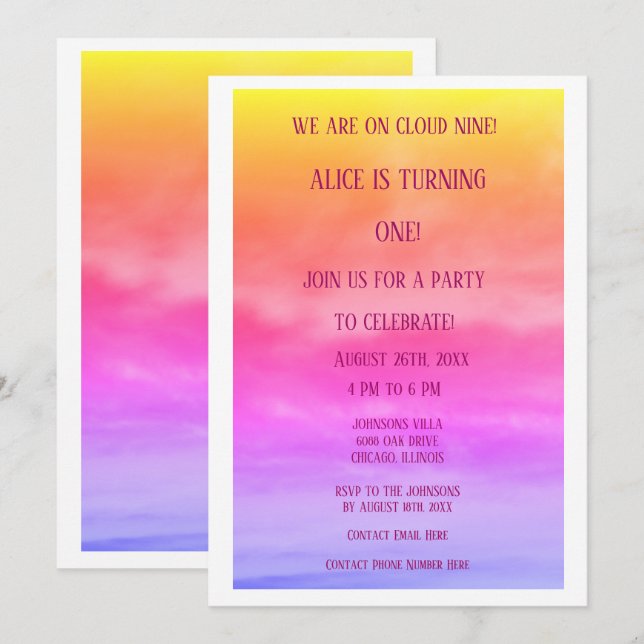 First Cloud Nine Birthday Party 1st Pink Colourful Invitation (Front/Back)