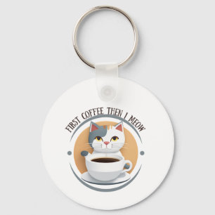 First Coffee Then I Meow Cute Cat Key Ring