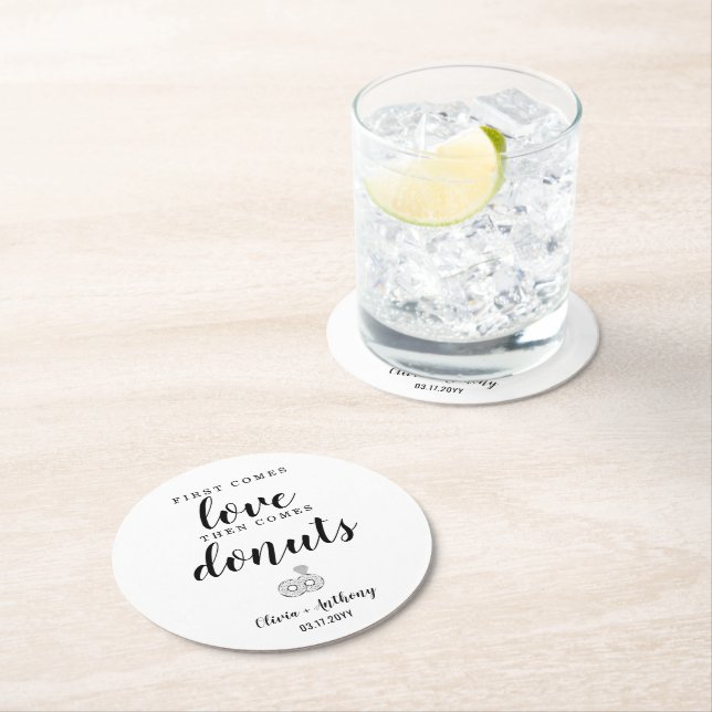 First Comes Love Doughnuts Sweet Treat Wedding Fav Round Paper Coaster (Insitu)