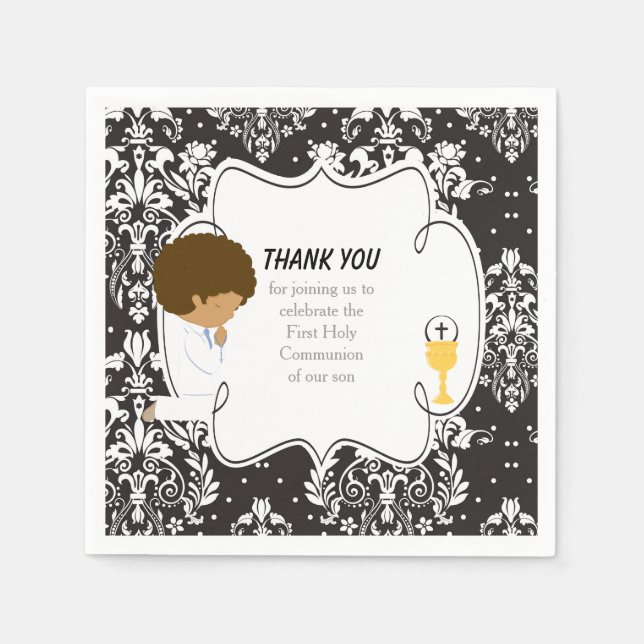 First Communion African American Black Damask Napkin (Front)