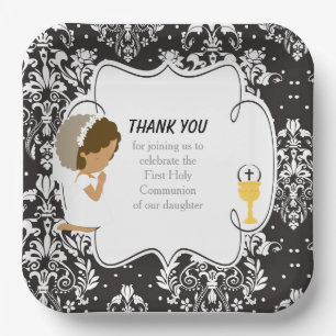First Communion African American Black Damask Paper Plate