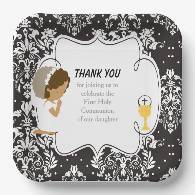 First Communion African American Black Damask Paper Plate (Front)