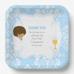First Communion African American Blue Damask Paper Plate